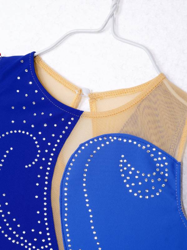 Kids Girls Sleeveless Colorblock Rhinestone Skating Dance Dress thumb