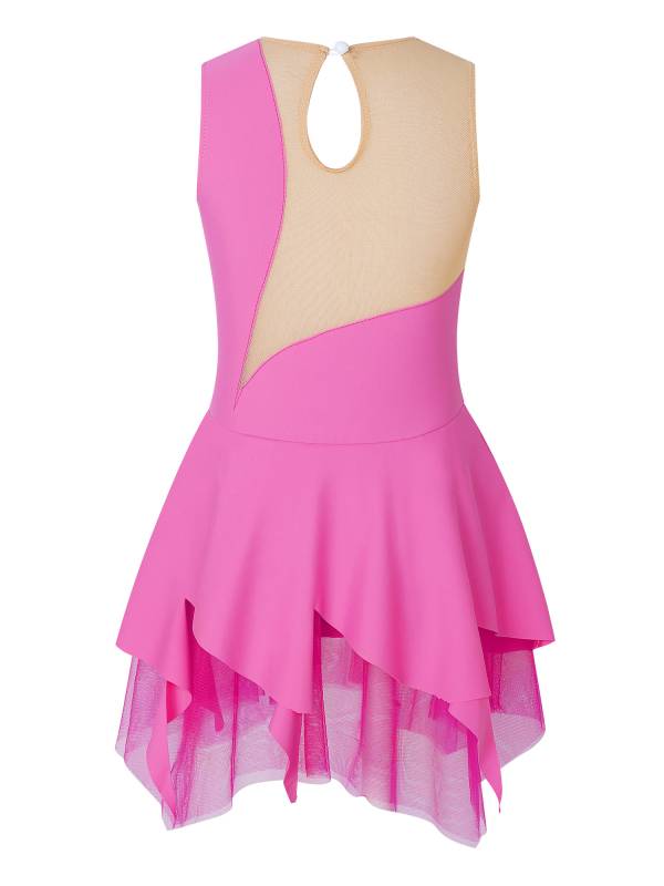 Kids Girls Sleeveless Colorblock Rhinestone Skating Dance Dress thumb