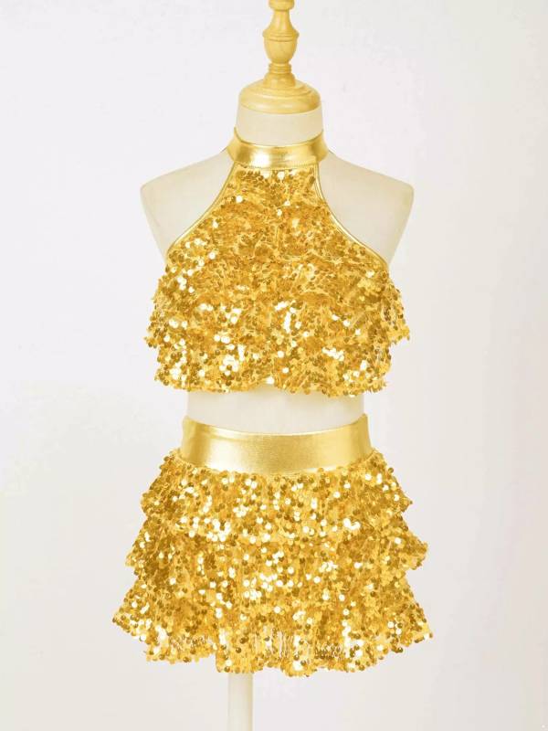 Kids Girls Sequin Backless Crop Top and Skirt Jazz Dance Sets thumb