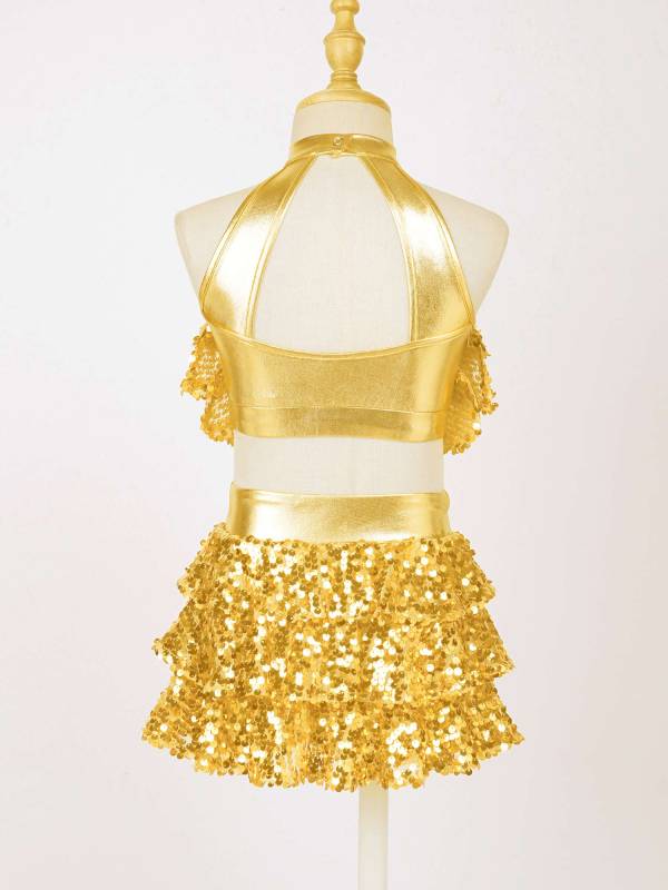 Kids Girls Sequin Backless Crop Top and Skirt Jazz Dance Sets thumb