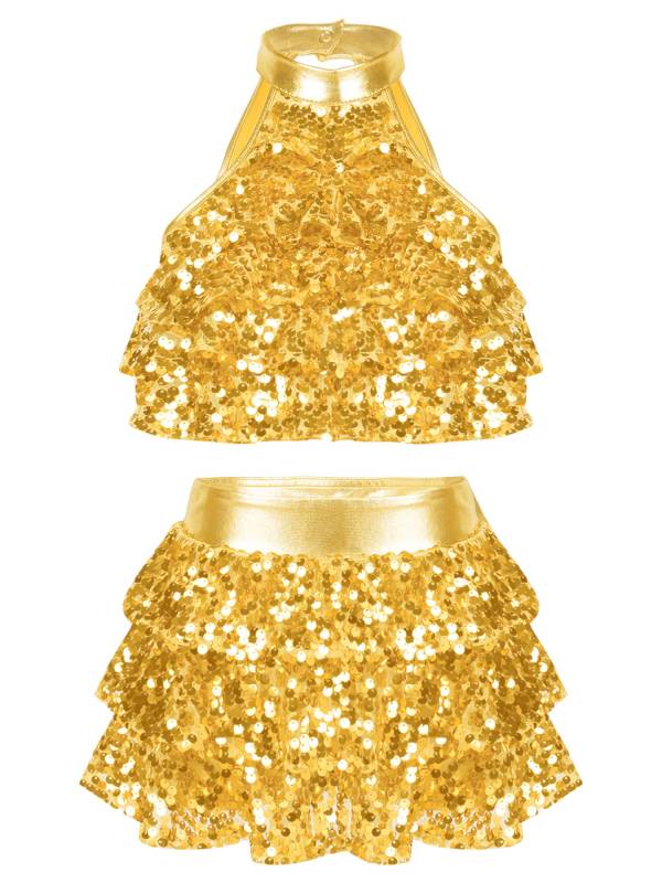 Kids Girls Sequin Backless Crop Top and Skirt Jazz Dance Sets thumb