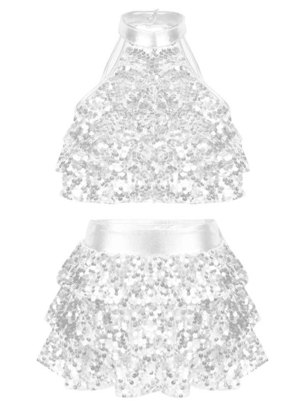 Kids Girls Sequin Backless Crop Top and Skirt Jazz Dance Sets thumb