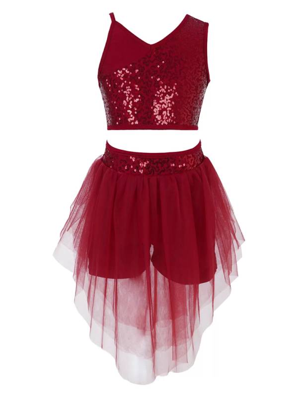 Kids Girls 2pcs Sleeveless Sequin Crop Top and Mesh Skirt Latin Set thumb
