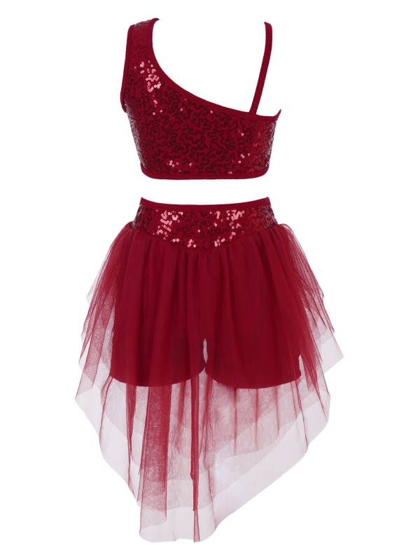 Kids Girls 2pcs Sleeveless Sequin Crop Top and Mesh Skirt Latin Set thumb