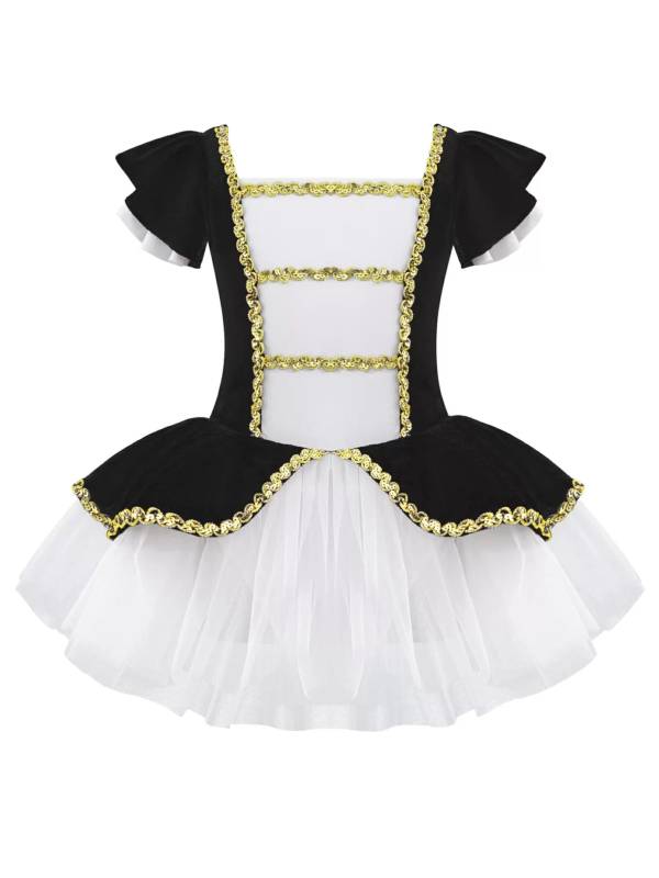 Kids Girls Square Neck Short Sleeves Sequin Leotard Dress thumb