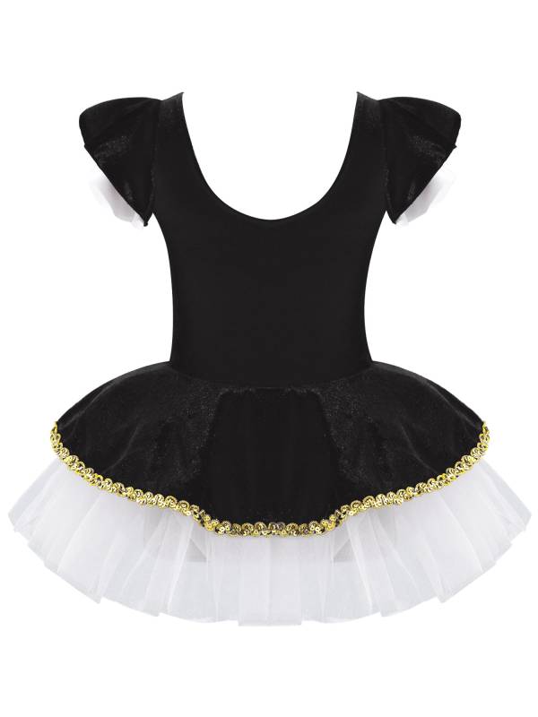Kids Girls Square Neck Short Sleeves Sequin Leotard Dress thumb