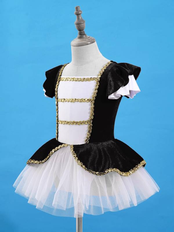Kids Girls Square Neck Short Sleeves Sequin Leotard Dress thumb