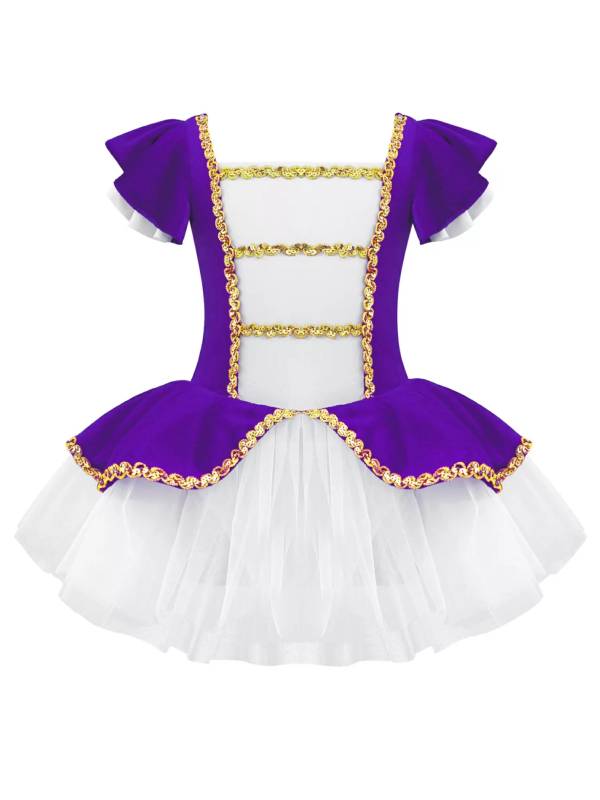 Kids Girls Square Neck Short Sleeves Sequin Leotard Dress thumb