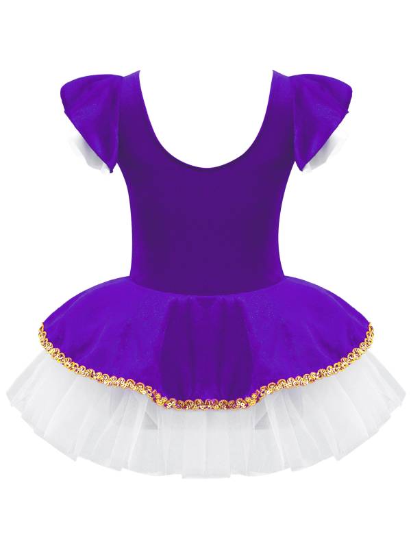 Kids Girls Square Neck Short Sleeves Sequin Leotard Dress thumb