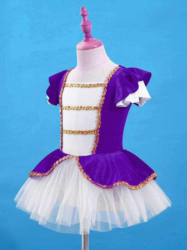 Kids Girls Square Neck Short Sleeves Sequin Leotard Dress thumb