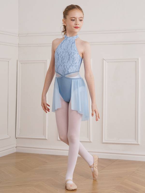 Kids Girls Sleeveless Lace Floral Lyrical Dance Leotard thumb