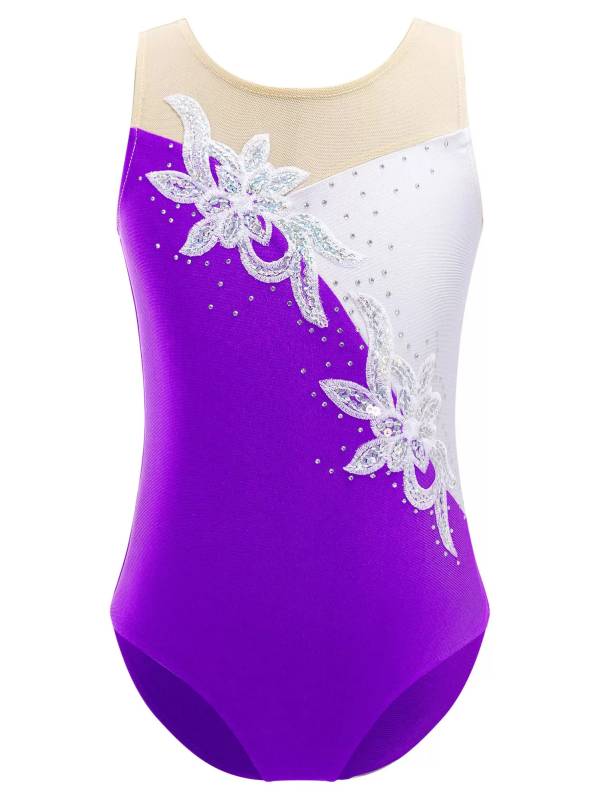 Kids Girls Sleeveless Glittering Sequins Gymnastics Skating Leotard thumb