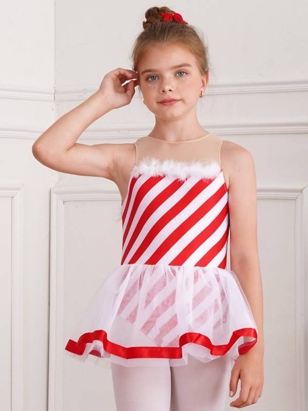 Kids Girls Christmas Sleeveless Bowknot Stripe Mesh Tutu Dress thumb