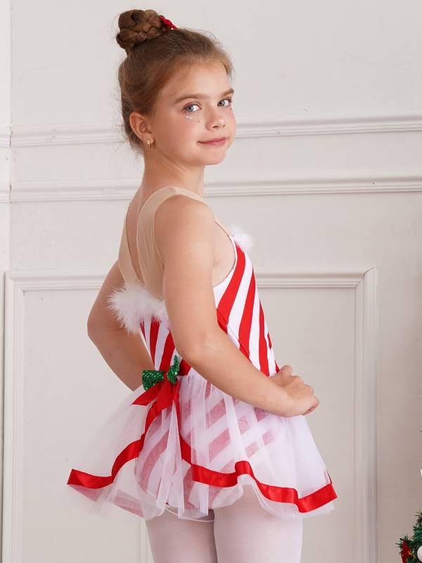 Kids Girls Christmas Sleeveless Bowknot Stripe Mesh Tutu Dress thumb