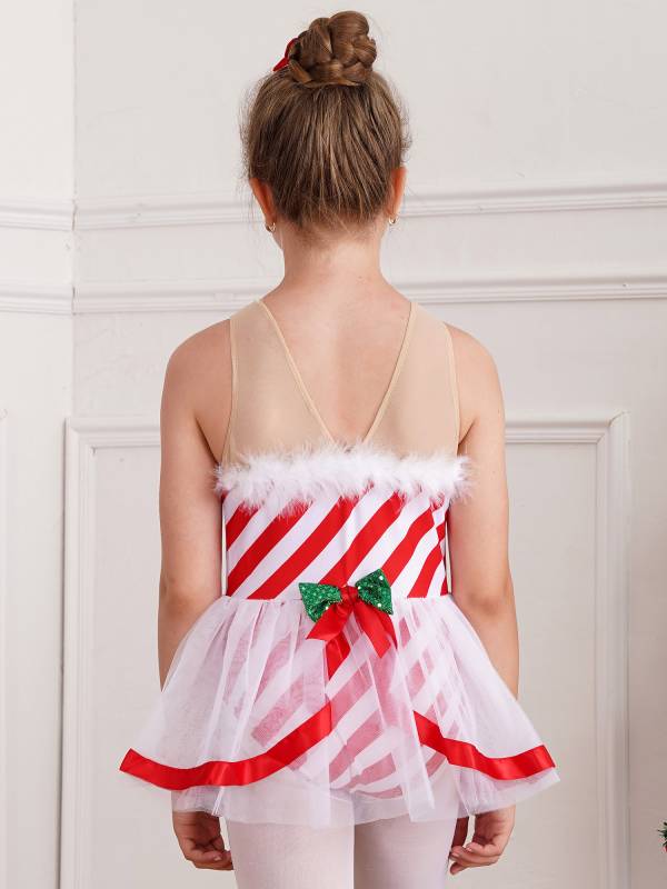 Kids Girls Christmas Sleeveless Bowknot Stripe Mesh Tutu Dress thumb