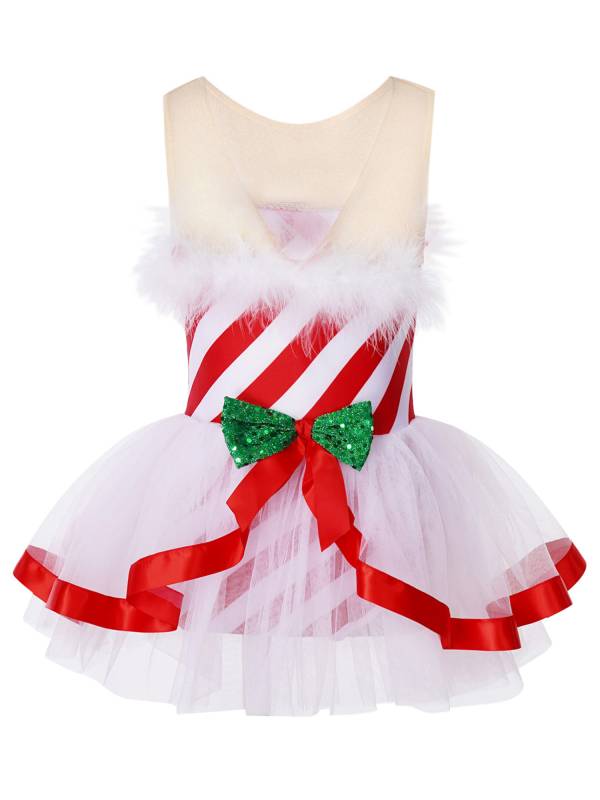 Kids Girls Christmas Sleeveless Bowknot Stripe Mesh Tutu Dress thumb