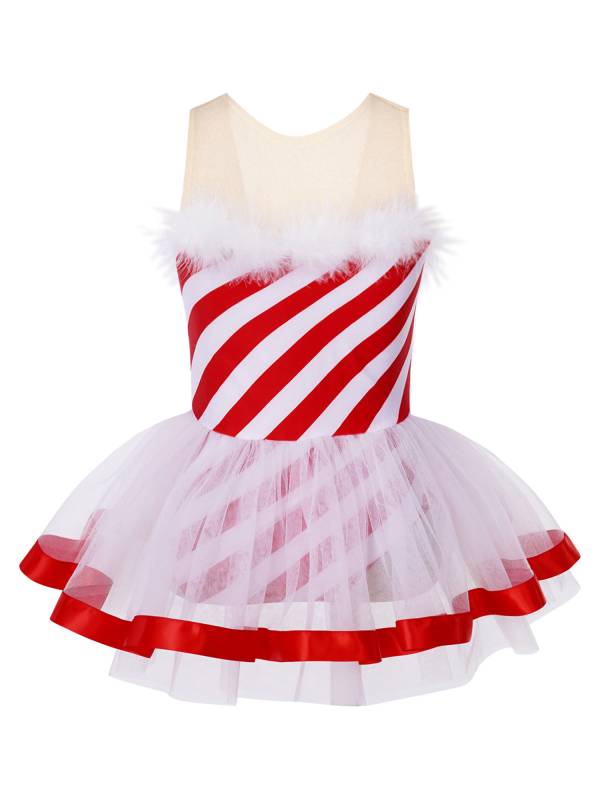 Kids Girls Christmas Sleeveless Bowknot Stripe Mesh Tutu Dress thumb