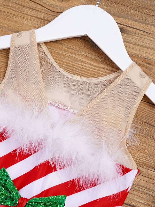 Kids Girls Christmas Sleeveless Bowknot Stripe Mesh Tutu Dress thumb
