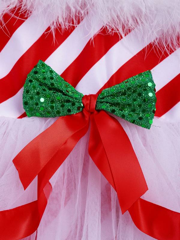 Kids Girls Christmas Sleeveless Bowknot Stripe Mesh Tutu Dress thumb