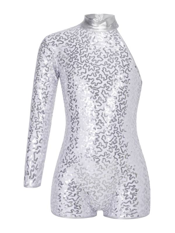 Kids Girls Sequin Jazz Dance Leotards One Shoulder Gymnastic Leotard thumb