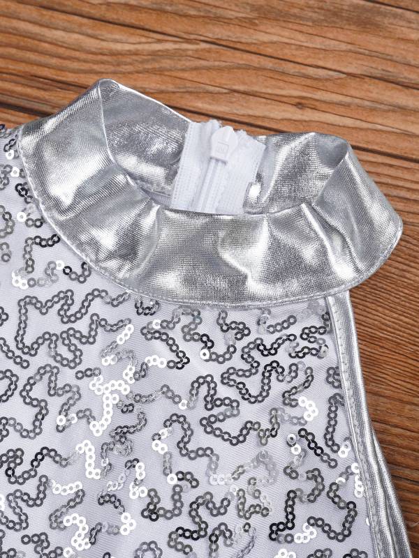 Kids Girls Sequin Jazz Dance Leotards One Shoulder Gymnastic Leotard thumb