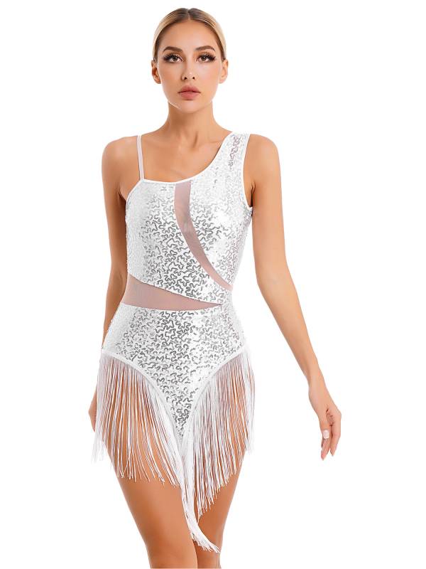 Women Sequin Fringed Straps Tassel Latin Dance Leotard Dress thumb