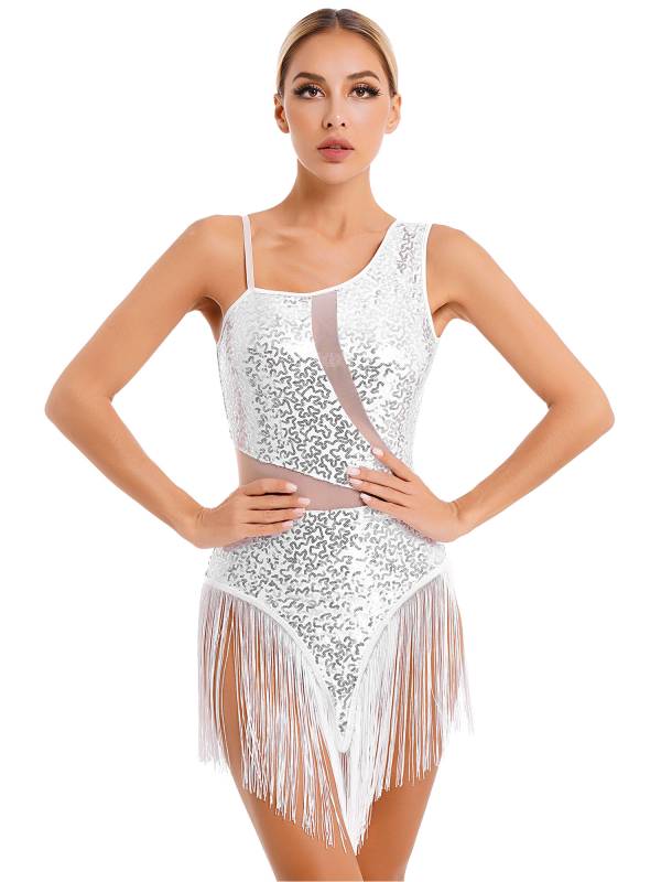 Women Sequin Fringed Straps Tassel Latin Dance Leotard Dress thumb