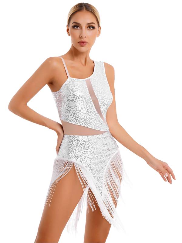 Women Sequin Fringed Straps Tassel Latin Dance Leotard Dress thumb