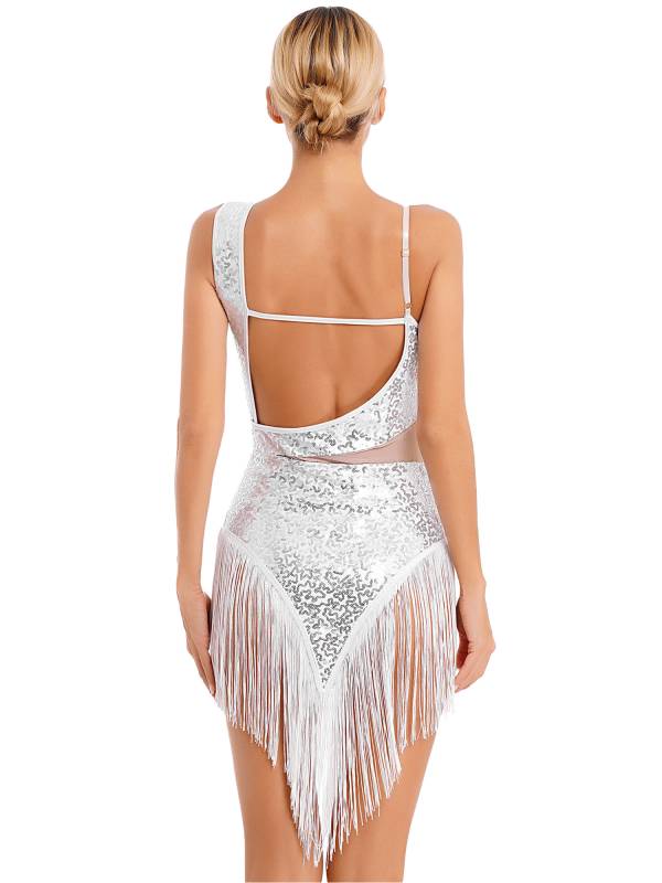 Women Sequin Fringed Straps Tassel Latin Dance Leotard Dress thumb
