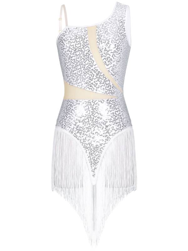 Women Sequin Fringed Straps Tassel Latin Dance Leotard Dress thumb