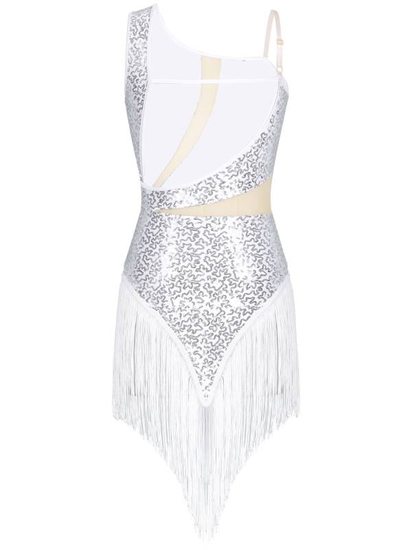 Women Sequin Fringed Straps Tassel Latin Dance Leotard Dress thumb