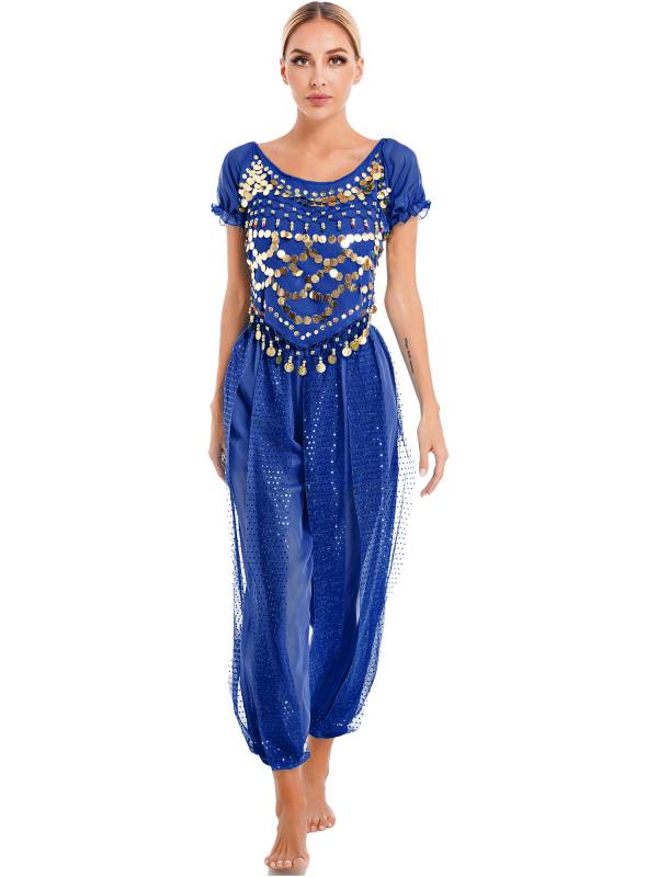 Women 2pcs Sequin Puff Sleeve Crop Top Pants Belly Dance Costume Sets thumb