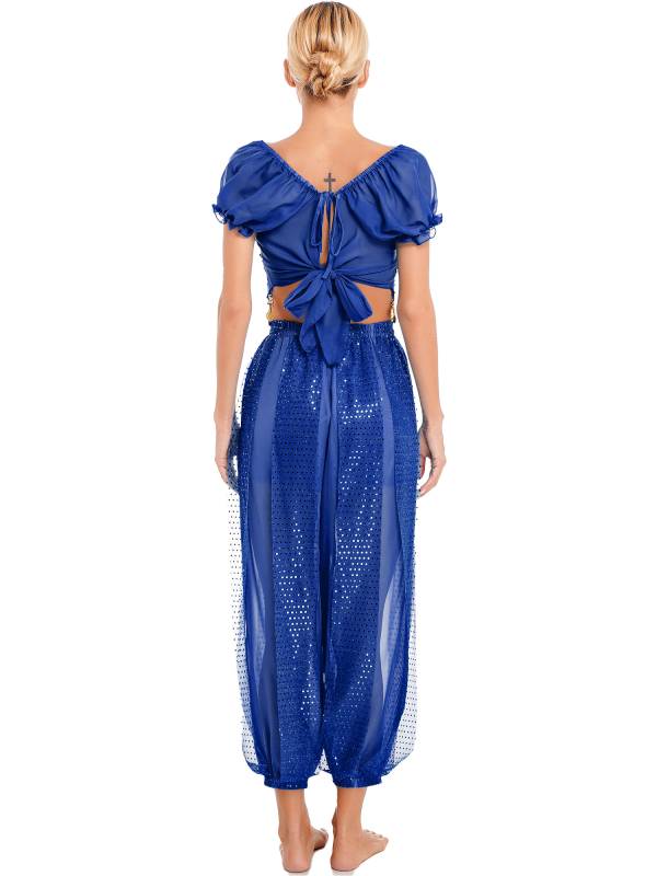 Women 2pcs Sequin Puff Sleeve Crop Top Pants Belly Dance Costume Sets thumb