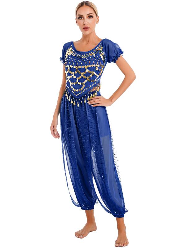 Women 2pcs Sequin Puff Sleeve Crop Top Pants Belly Dance Costume Sets thumb