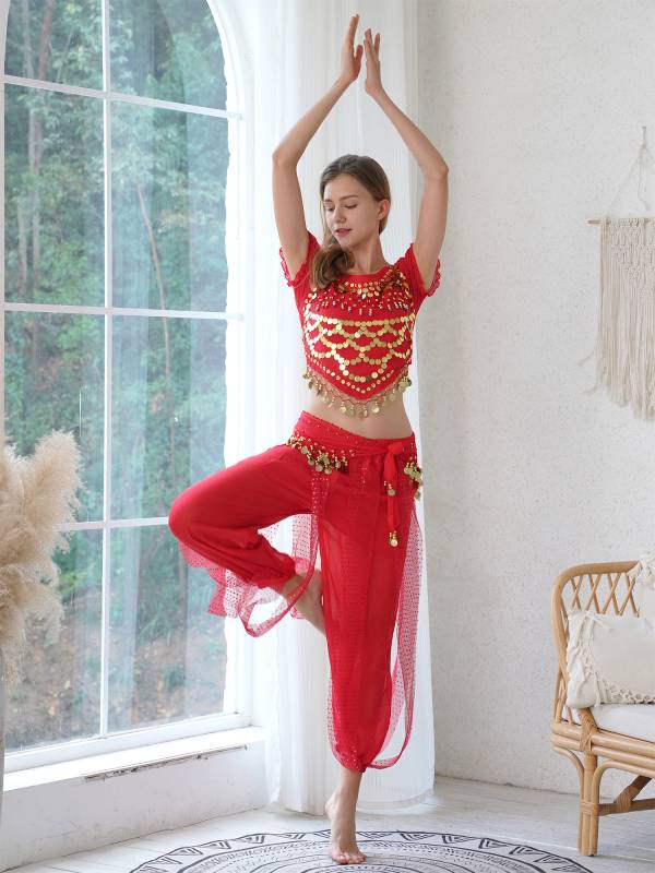 Women 2pcs Sequin Puff Sleeve Crop Top Pants Belly Dance Costume Sets thumb