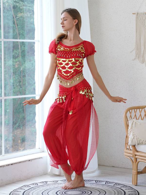 Women 2pcs Sequin Puff Sleeve Crop Top Pants Belly Dance Costume Sets thumb