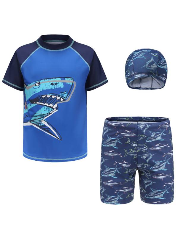Kids Boys 3pcs Short Sleeve Tops Trunks with Hat Swimsuit Set thumb
