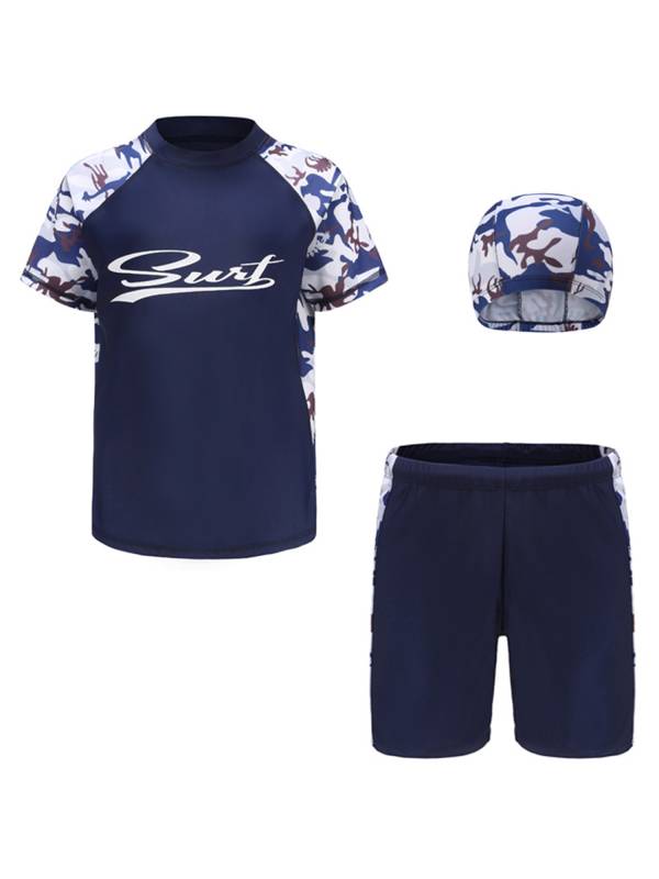 Kids Boys 3pcs Short Sleeve Tops Trunks with Hat Swimsuit Set thumb