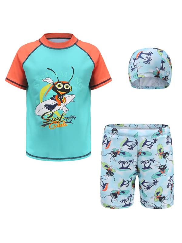 Kids Boys 3pcs Short Sleeve Tops Trunks with Hat Swimsuit Set thumb