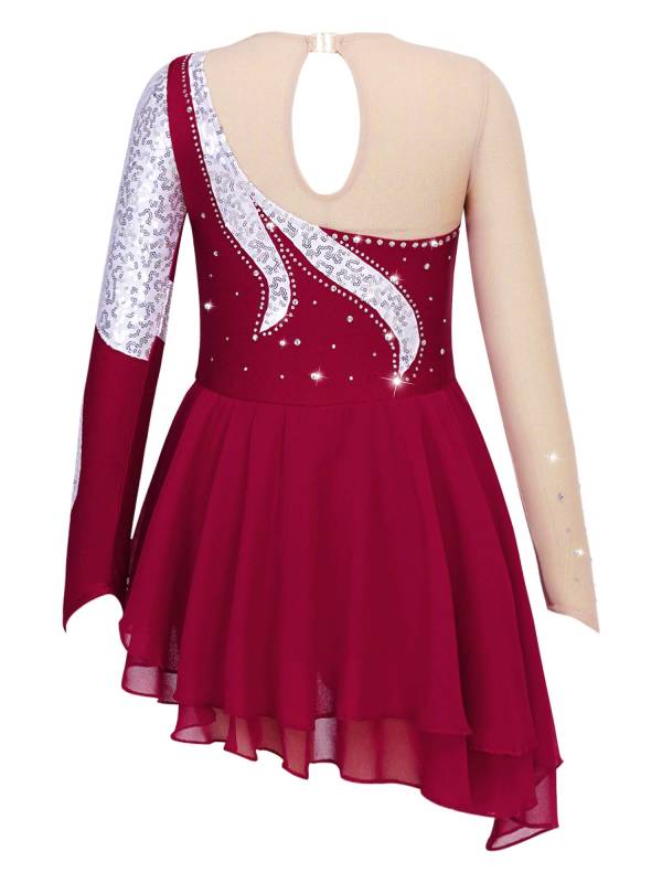 Kids Girls Long Sleeve Sequin Hollow Back Skating Dance Dress thumb