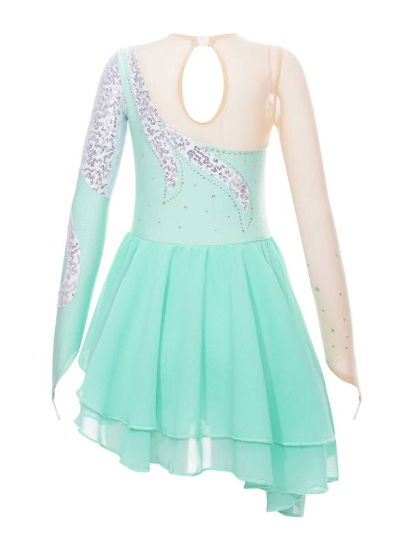 Kids Girls Long Sleeve Sequin Hollow Back Skating Dance Dress thumb