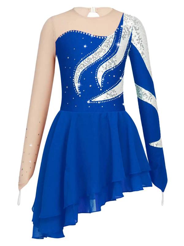 Kids Girls Long Sleeve Sequin Hollow Back Skating Dance Dress thumb