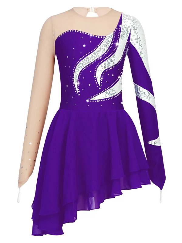 Kids Girls Long Sleeve Sequin Hollow Back Skating Dance Dress thumb