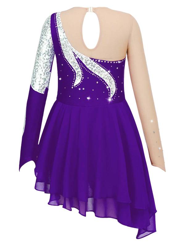Kids Girls Long Sleeve Sequin Hollow Back Skating Dance Dress thumb