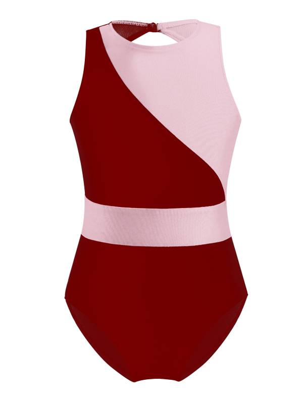 Kids Girls Sleeveless Hollow Back Colorblock Gymnastic Leotards thumb