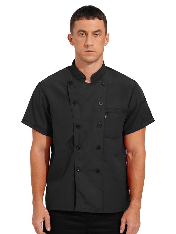 Men Short Sleeve Stand Collar Chef Coat Cook Uniform Shirt thumb