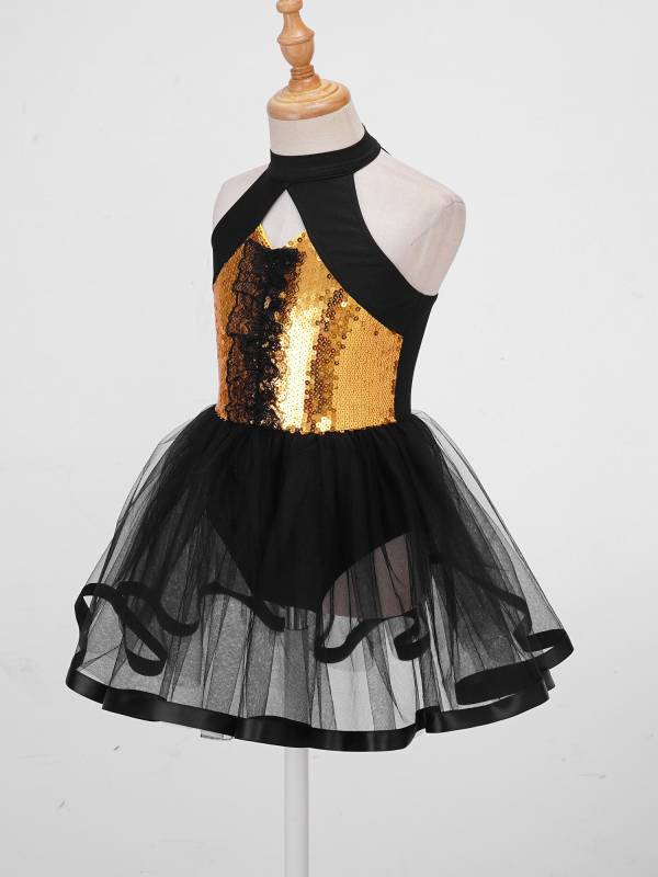 Kids Girls Sleeveless Sequins Ruffle Ballet Dance Leotard Tutu Dress thumb