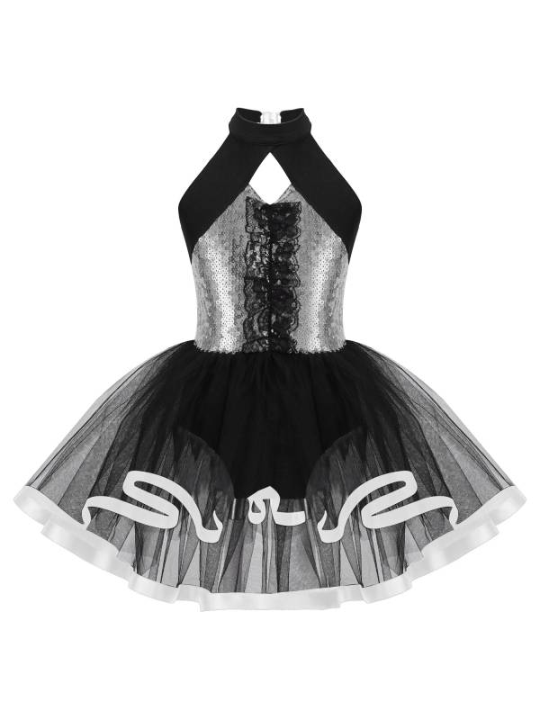 Kids Girls Sleeveless Sequins Ruffle Ballet Dance Leotard Tutu Dress thumb