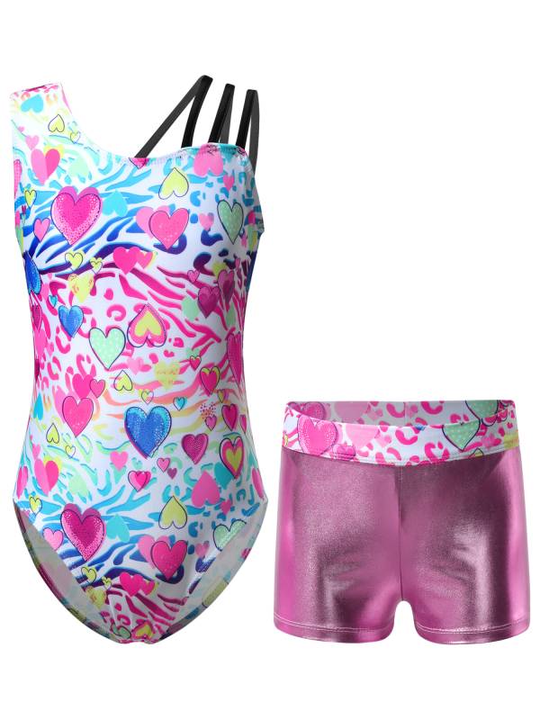 Kids Girls Asymmetric Shoulder Leotard with Shorts Gymnastic Set thumb