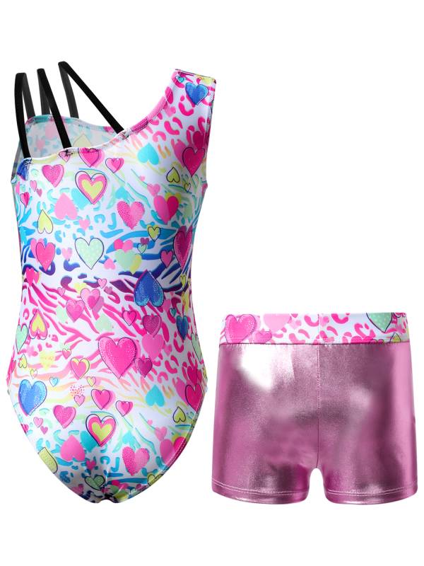 Kids Girls Asymmetric Shoulder Leotard with Shorts Gymnastic Set thumb